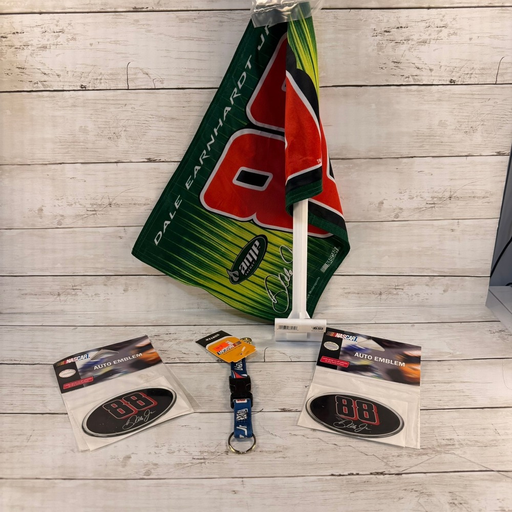 Dale Earnhardt Jr NASCAR 88 Car Flag 2 Auto Emblems and Lanyard Bundle NEW